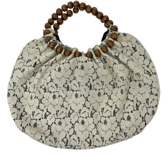 NWOT Vintage Talbots Lace Satchel Purse Wooden Beaded Handle Ivory Cream Snap - Picture 1 of 10